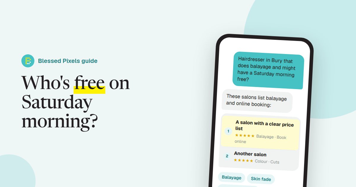 A phone showing someone asking for a hairdresser in Bury who does balayage and has a Saturday morning free, with an answer that puts a salon with a clear price list first.